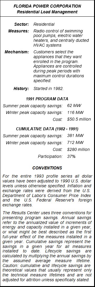 Florida Power Corporation Residential Load Management Summary Table